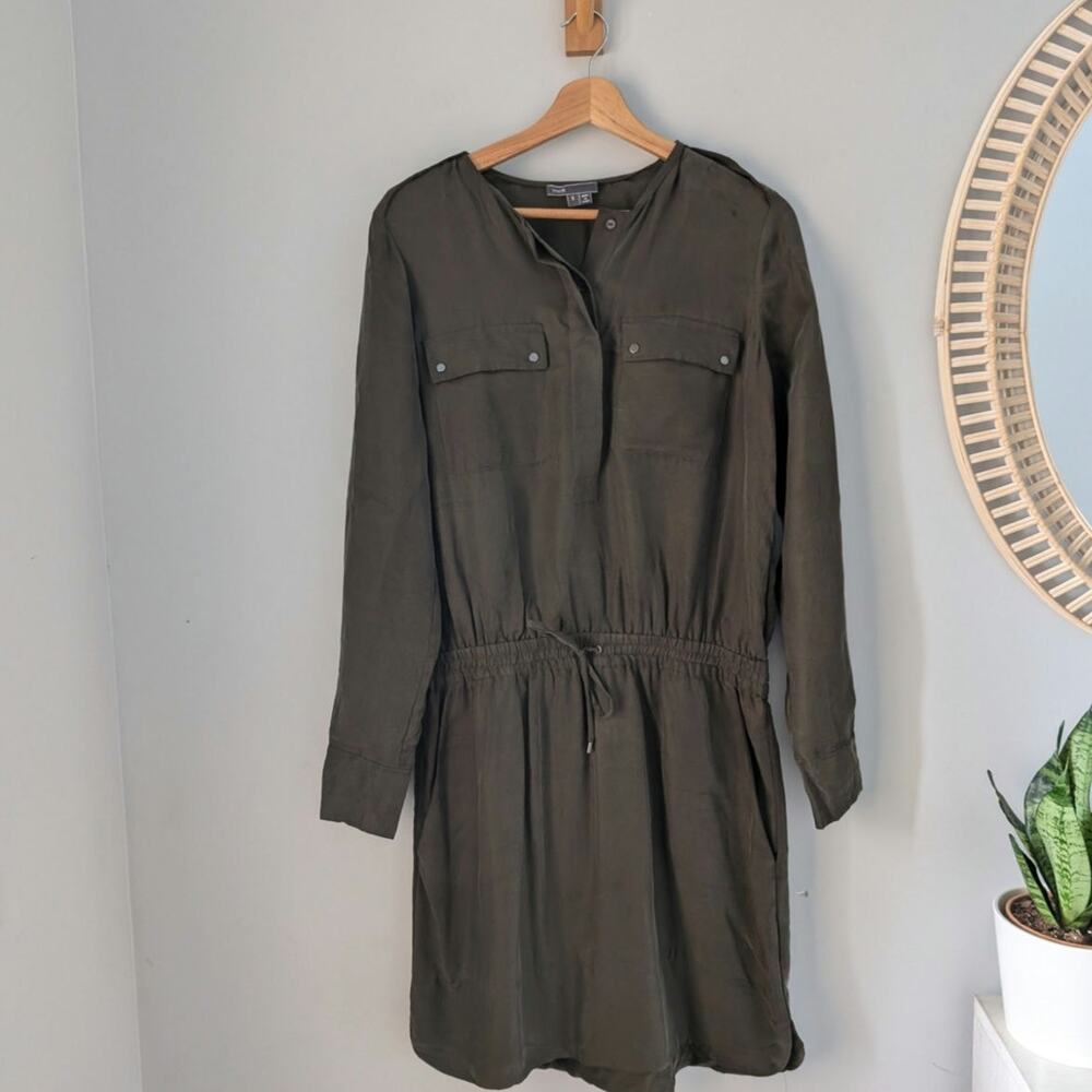 Vince Olive Green Utility Dress Drawstring Waist Long Sleeve Lyocell S